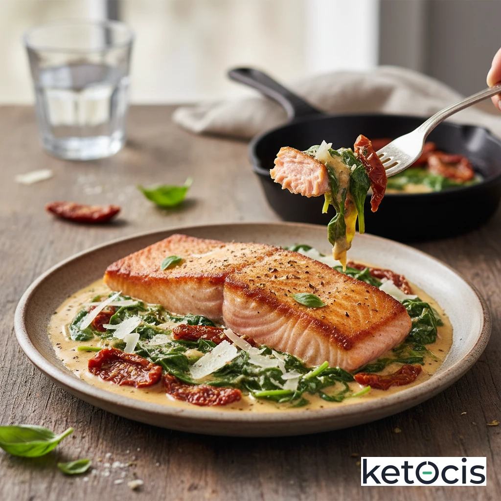 Salmón Keto a la Toscana con Espinaca y Tomates Secos