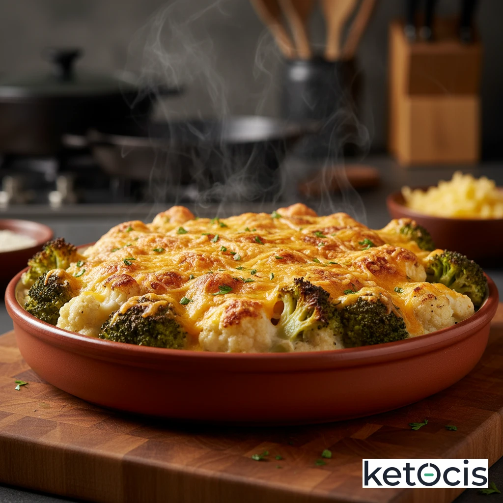 Gratinado Keto de Brócoli y Coliflor con Queso Cheddar