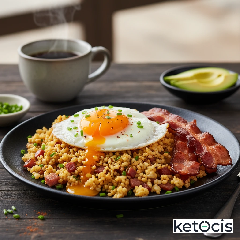 Hash de Coliflor Cetogénico con Huevo Frito y Tocino