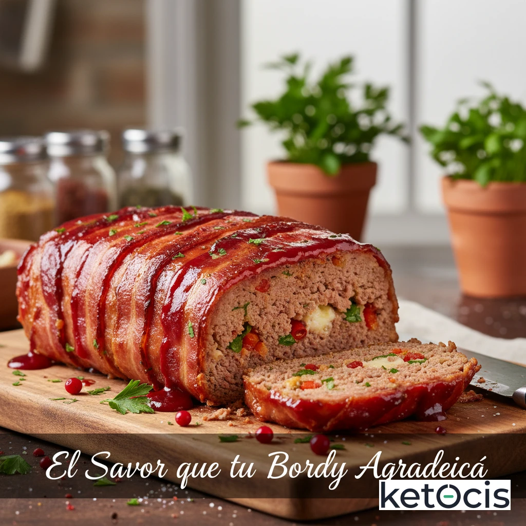 Pastel de Carne Keto Envuelto en Tocino con Glaseado sin Azúcar