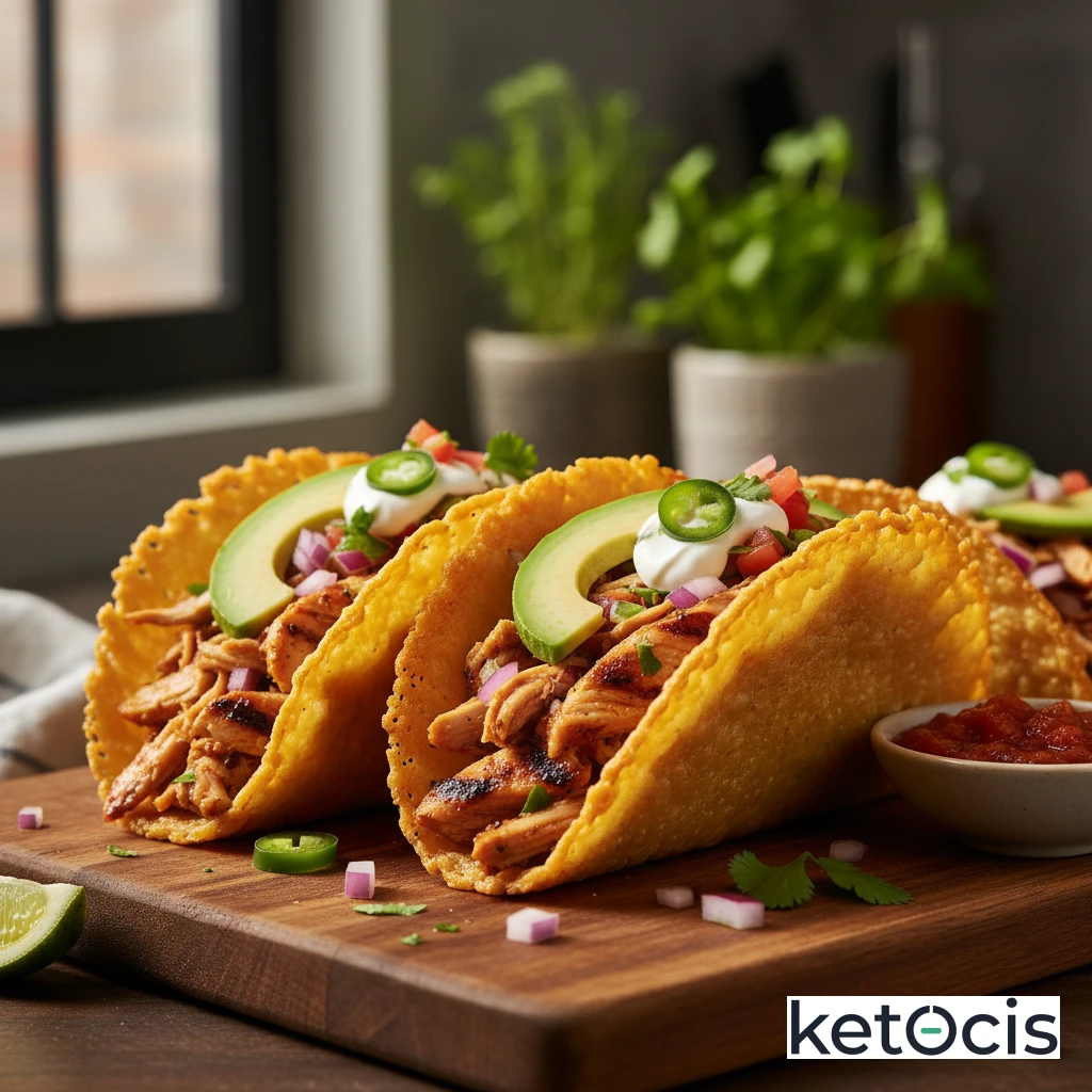 Tacos Keto de Pollo Desmenuzado en Costra de Queso Parmesano