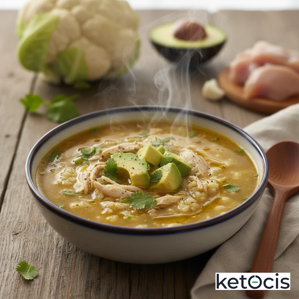 Sopa Keto de Pollo con Arroz de Coliflor y Aguacate