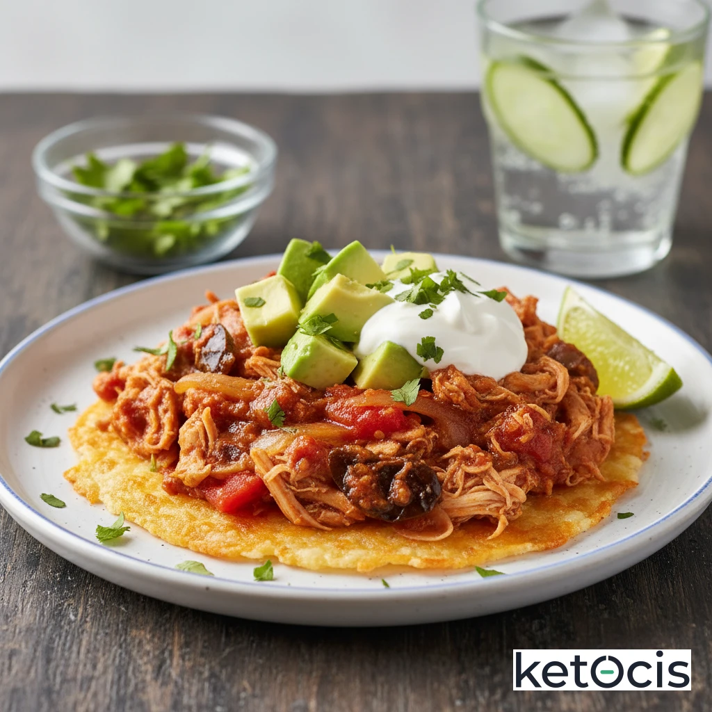 Tinga de Pollo Cetogénica Servida sobre Tostadas de Queso