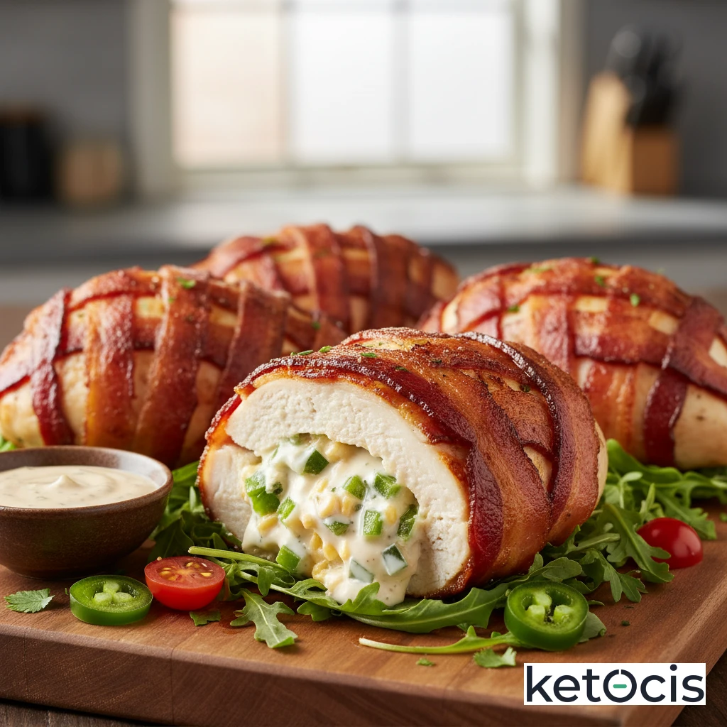 Pollo Keto Relleno de Jalapeño Popper Envuelto en Tocino