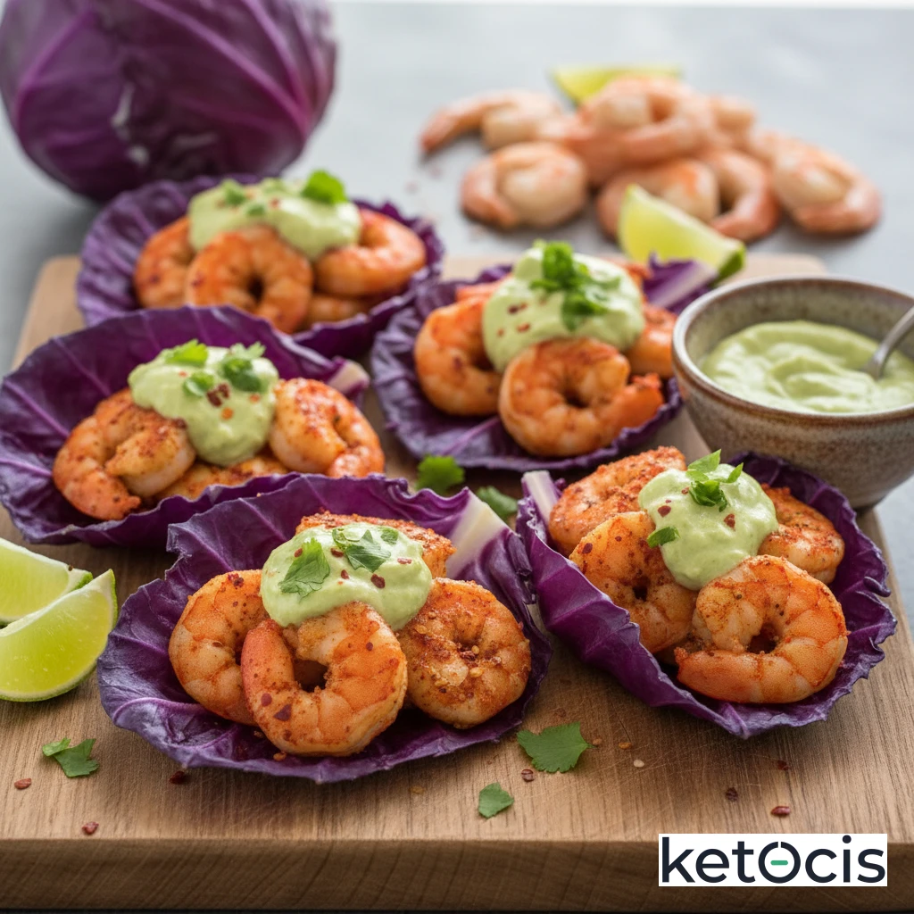 Tacos Keto de Camarón Picante en Hojas de Repollo Morado