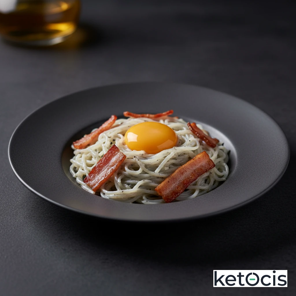 Fideos Shirataki Cetogénicos a la Carbonara con Panceta y Yema