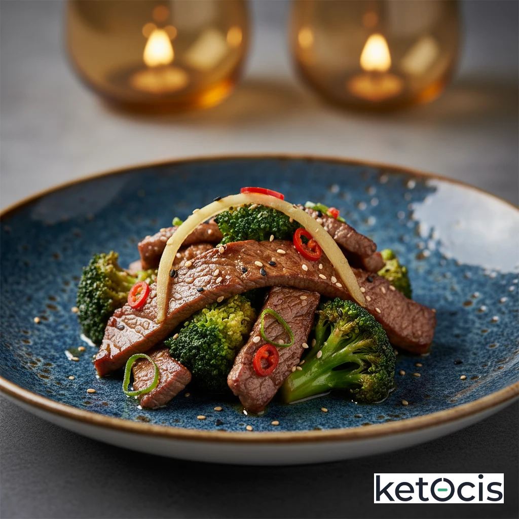 Tiras de Ternera Keto Salteadas con Jengibre y Brócoli
