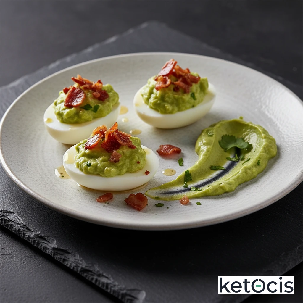 Huevos Rellenos Keto con Guacamole y Crujiente de Tocino