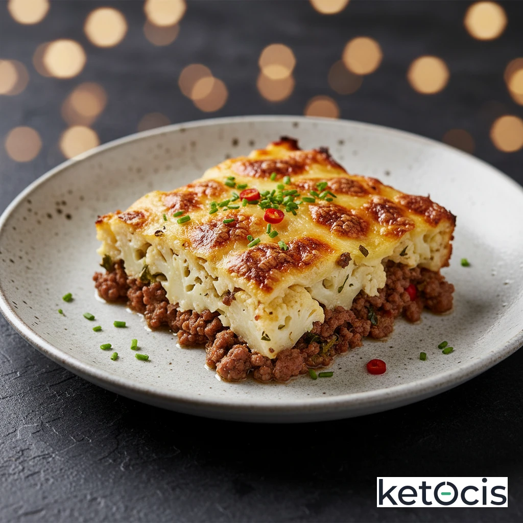 Pastel Cetogénico de Coliflor y Carne Picada Gratinado al Horno