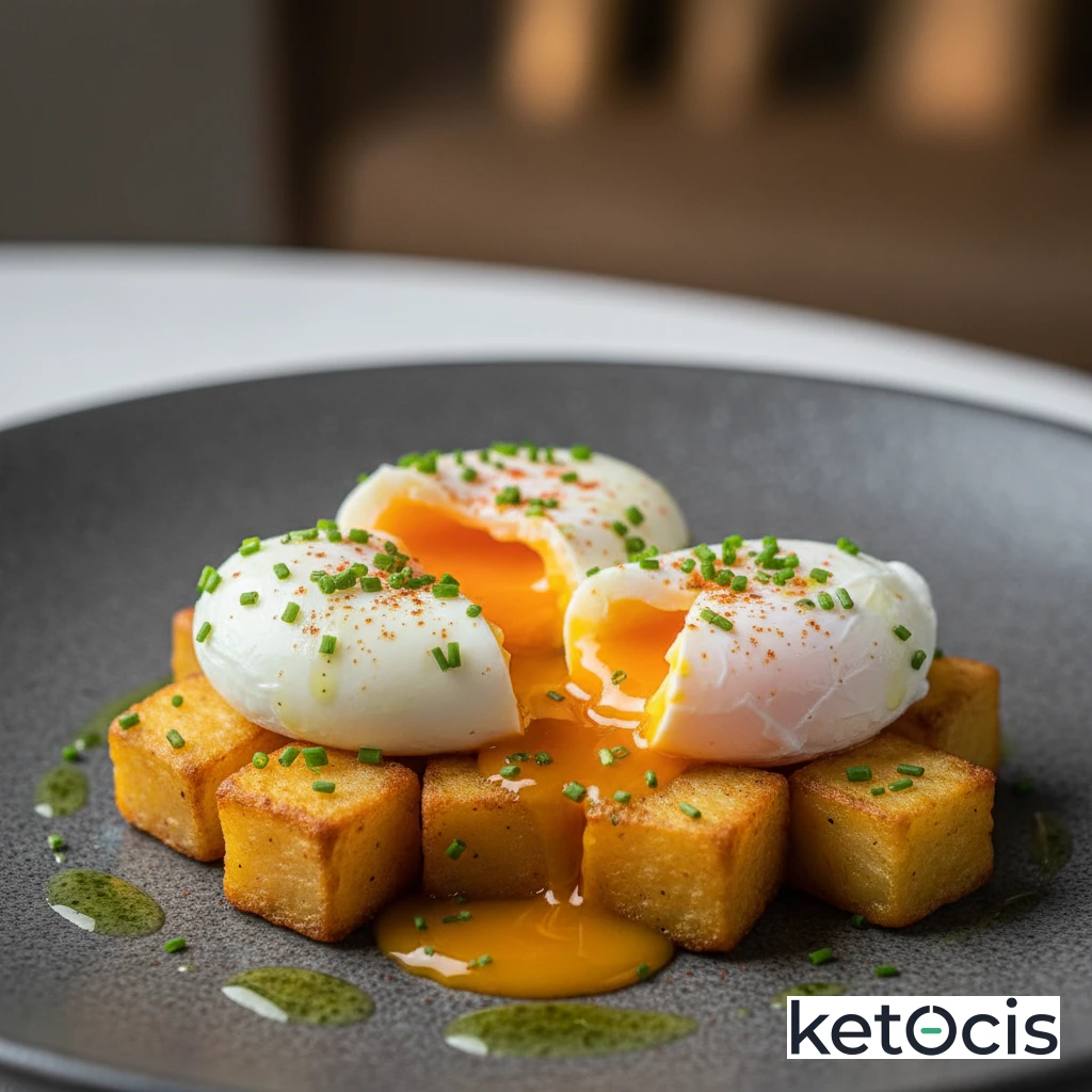 Huevos Rotos Cetogénicos sobre Falsas Patatas de Nabo Frito