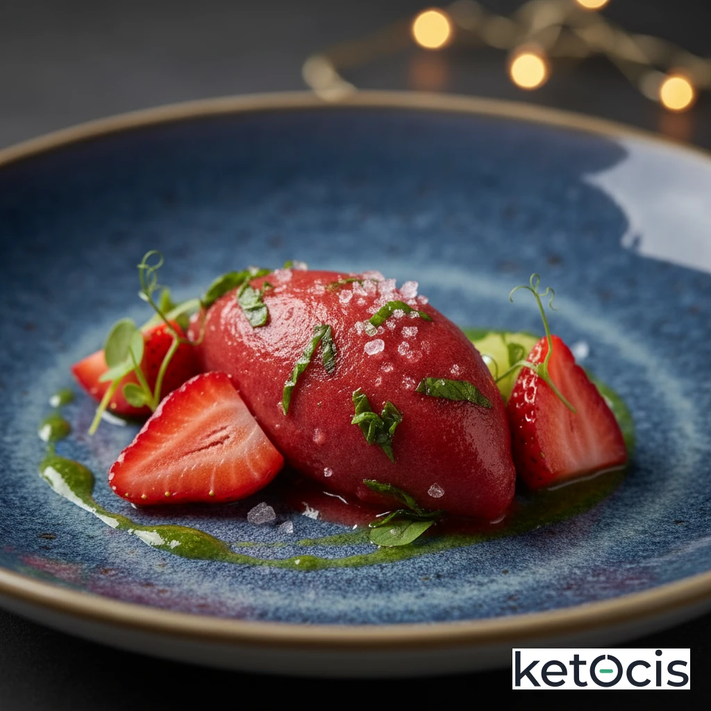 Sorbete Keto de Fresas Frescas y Albahaca Triturada con Hielo