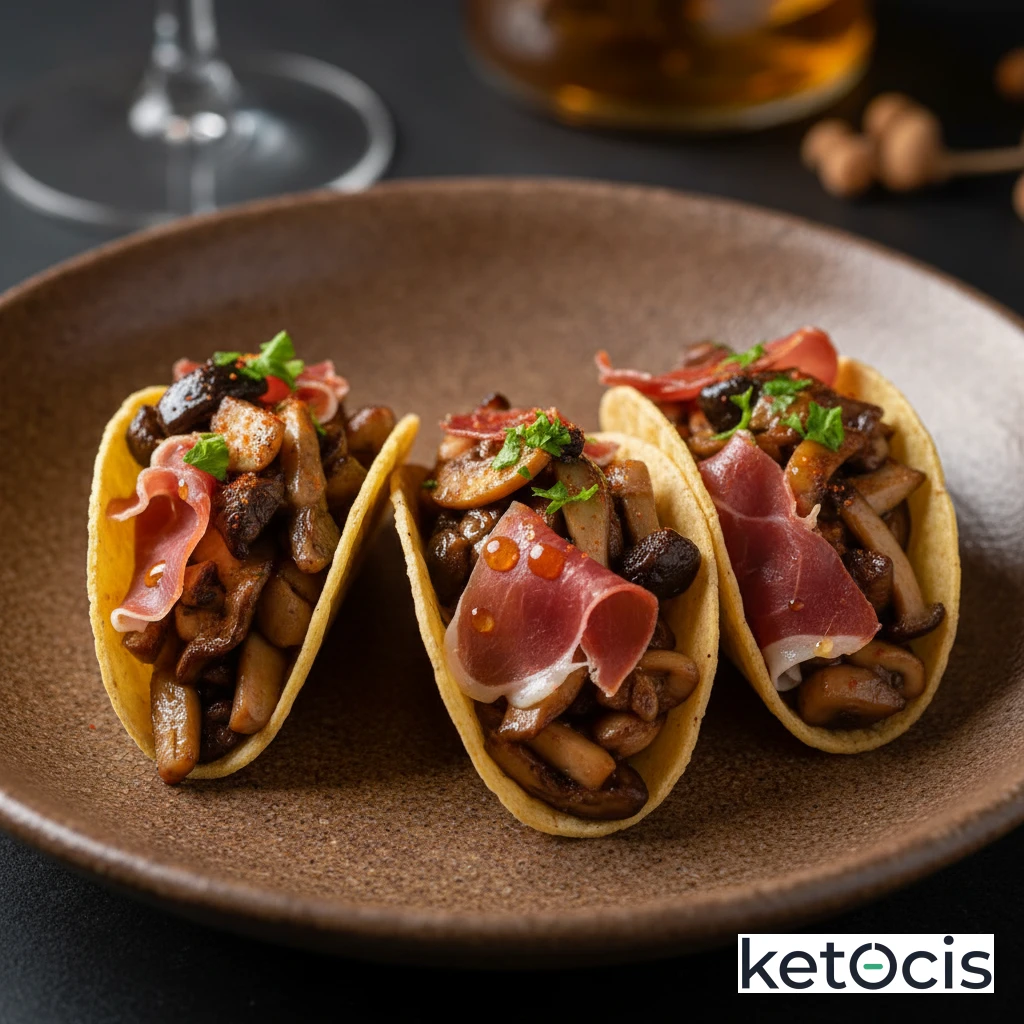 Champiñones Keto Salteados con Jamón Ibérico en Tacos Pequeños