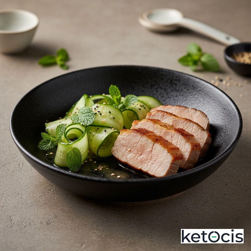 Tazón de Cerdo Magro Asado con Ensalada de Pepino y Menta Refrescante