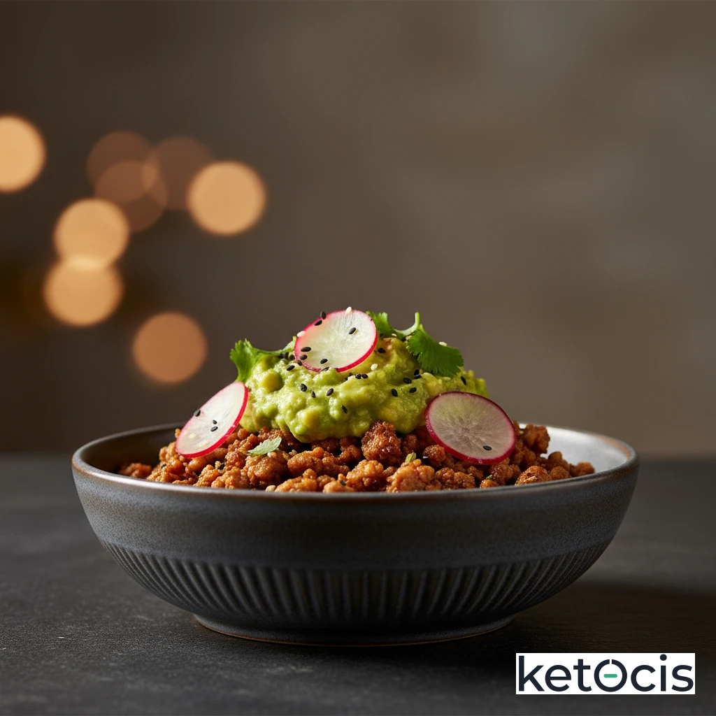 Tazón Cetogénico de Carne Picada de Pavo con Guacamole y Rábanos