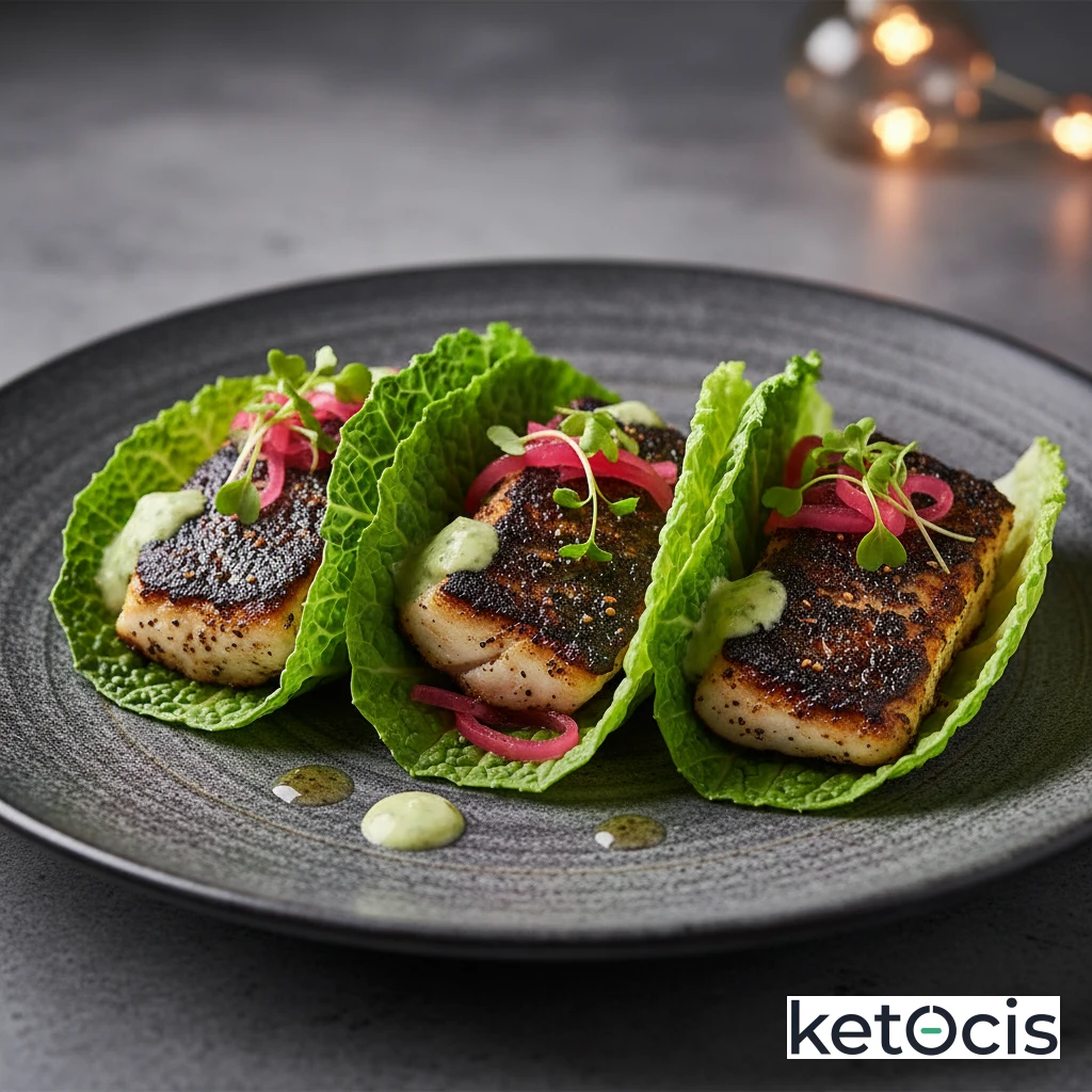 Tacos Cetogénicos de Pescado Ennegrecido en Hojas de Repollo Fresco
