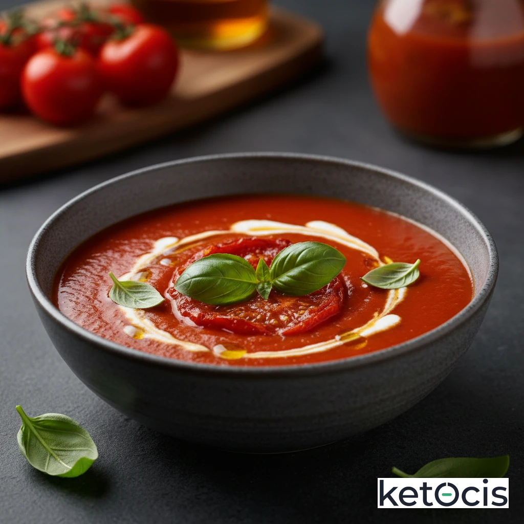 Sopa Keto de Tomate Casera Asada con Hojas de Albahaca Fresca