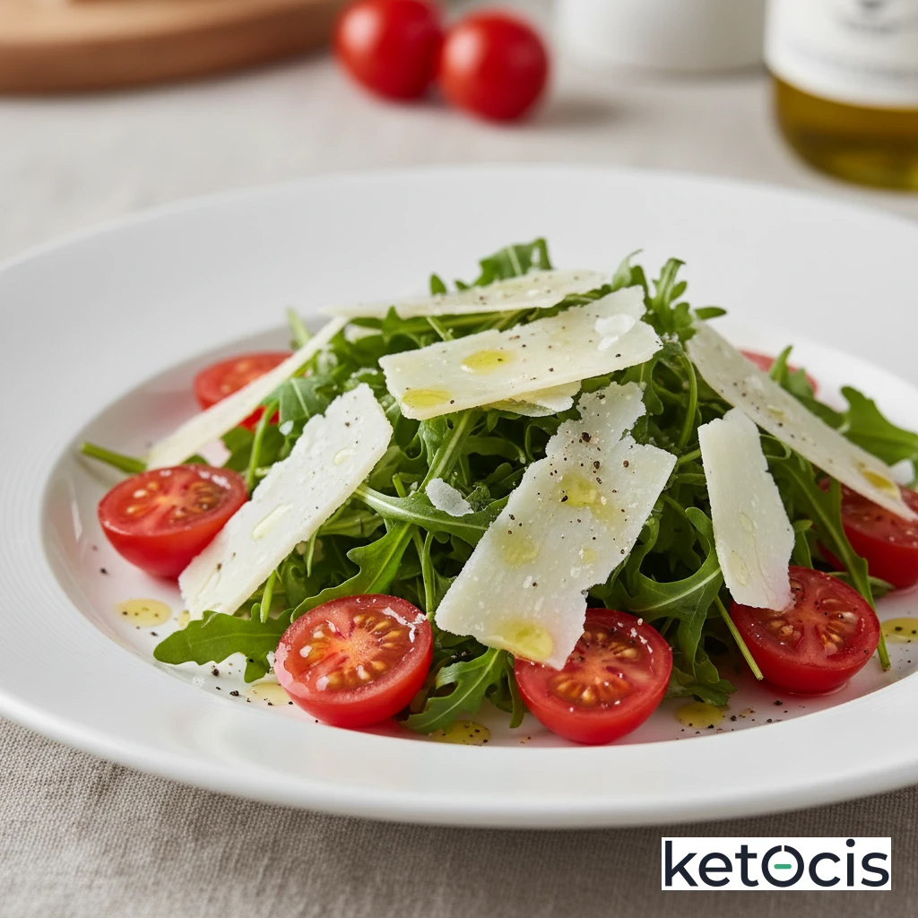 Ensalada Keto de Tomates Cherry Rúcula y Queso Parmesano Fresco