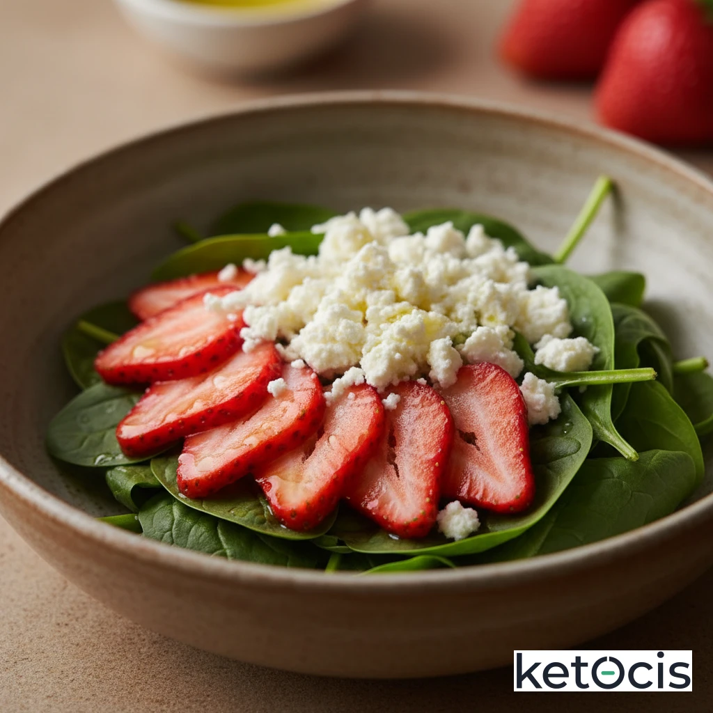 Bowl Keto de Espinacas Baby Fresas Laminadas y Feta Desmenuzado