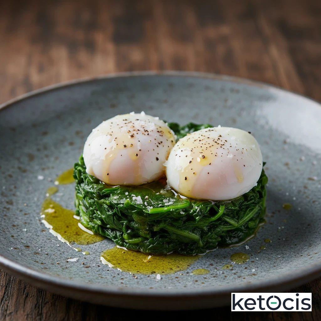 Huevos pochados sobre espinacas al vapor con aceite de oliva