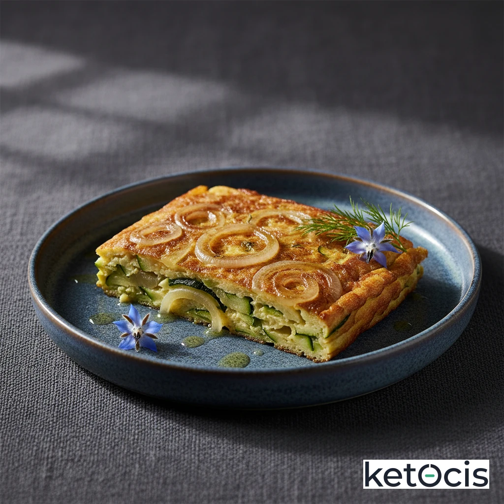 Tortilla de calabacín y cebolla tierna cocinada a fuego lento