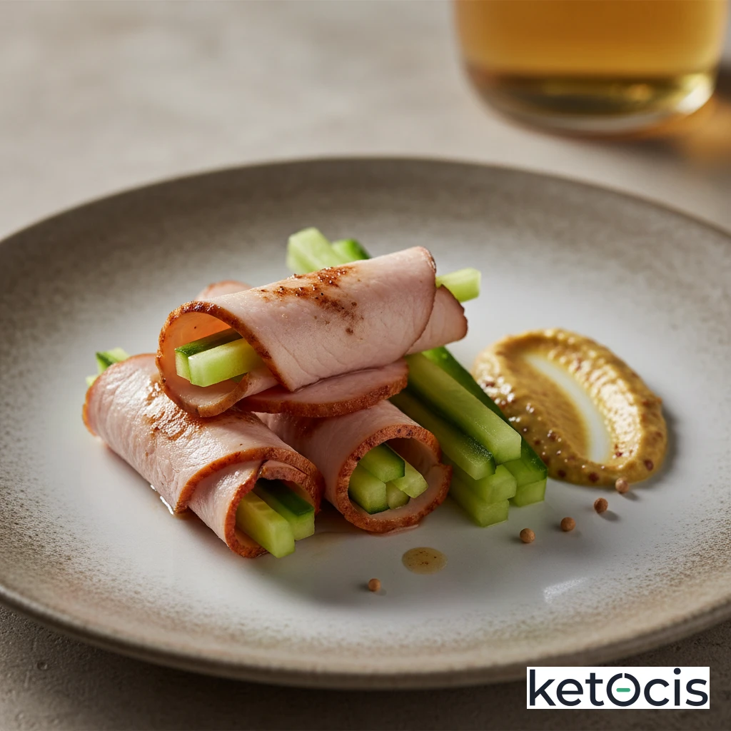 Rollitos de pavo ahumado con bastones de pepino y mostaza