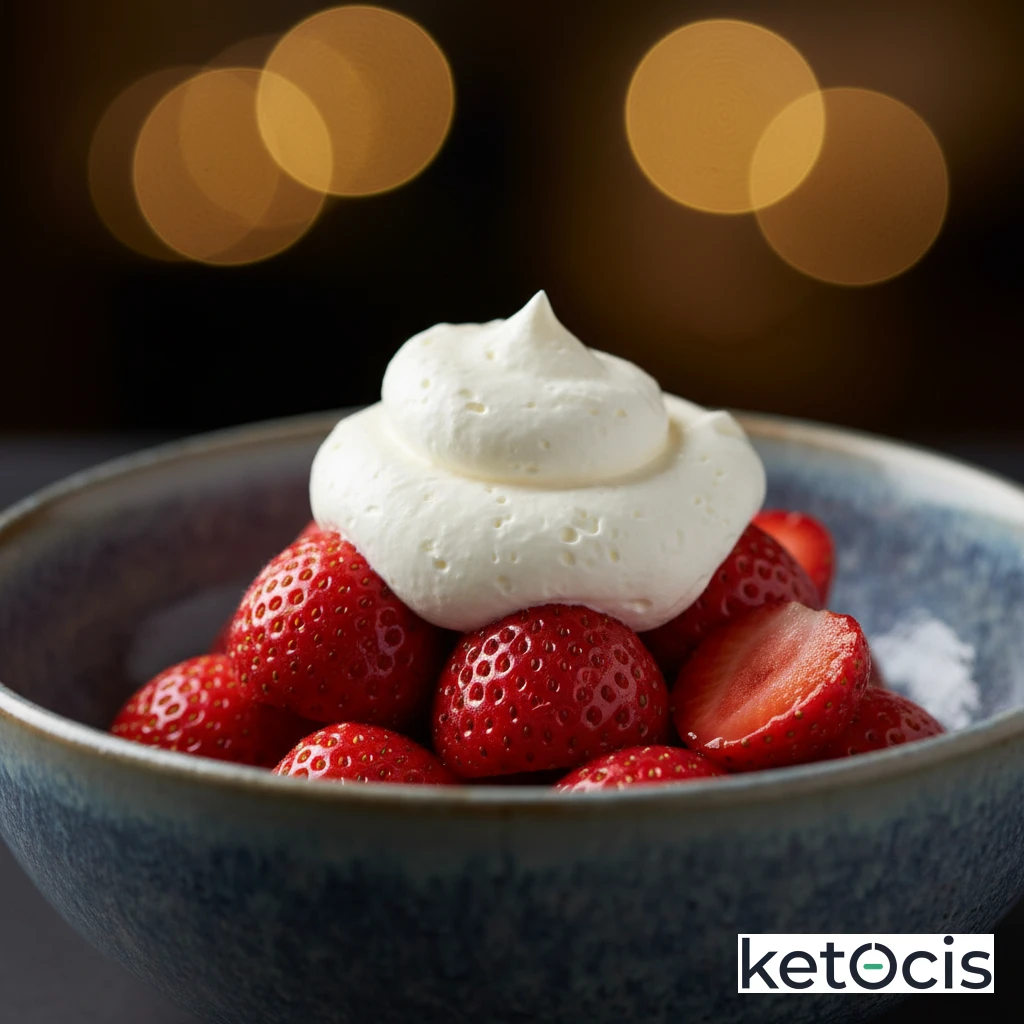 Tazón de fresas frescas con nata montada sin edulcorantes