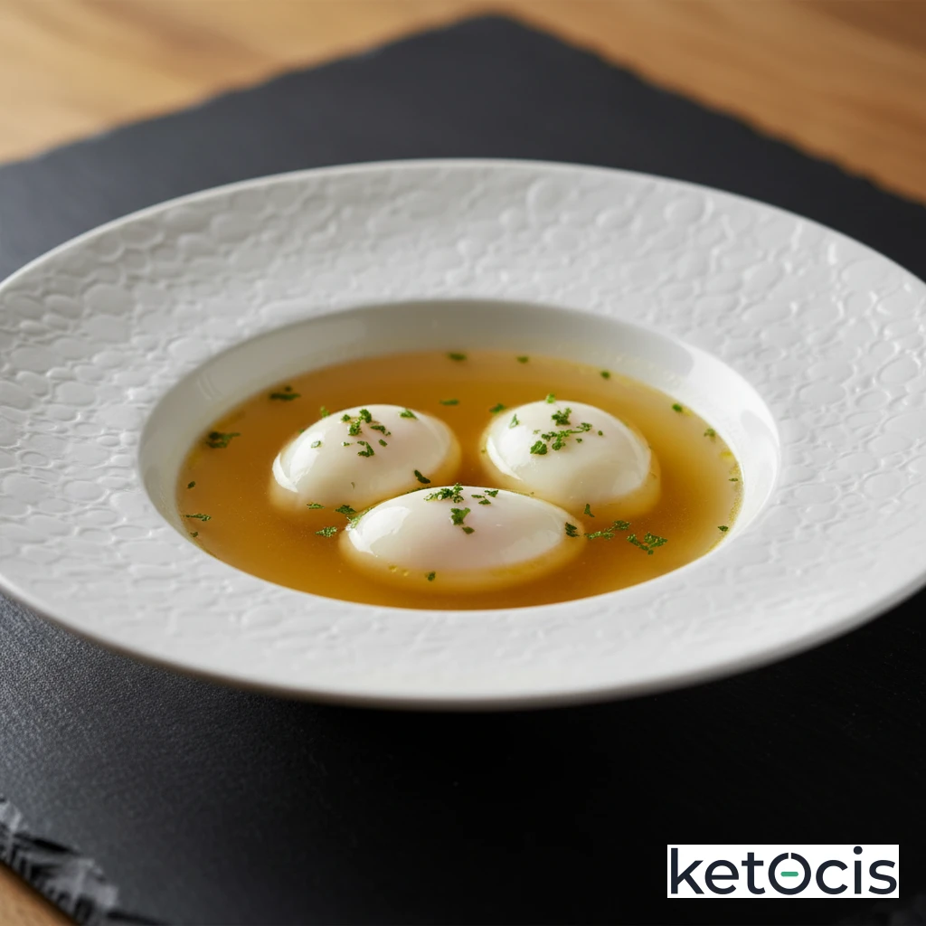 Huevos escalfados en caldo de pollo casero con perejil