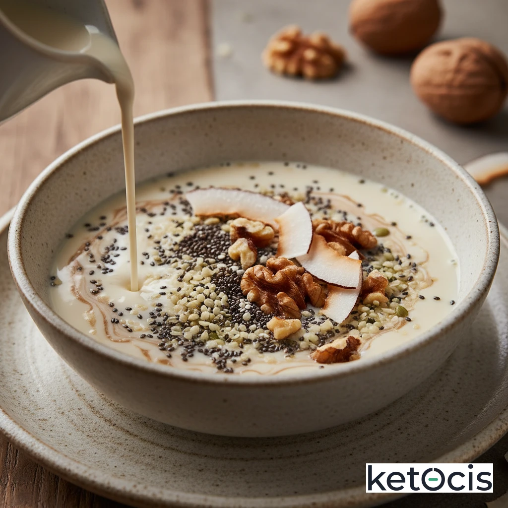 Tazón de semillas de cáñamo chía y nueces con bebida vegetal