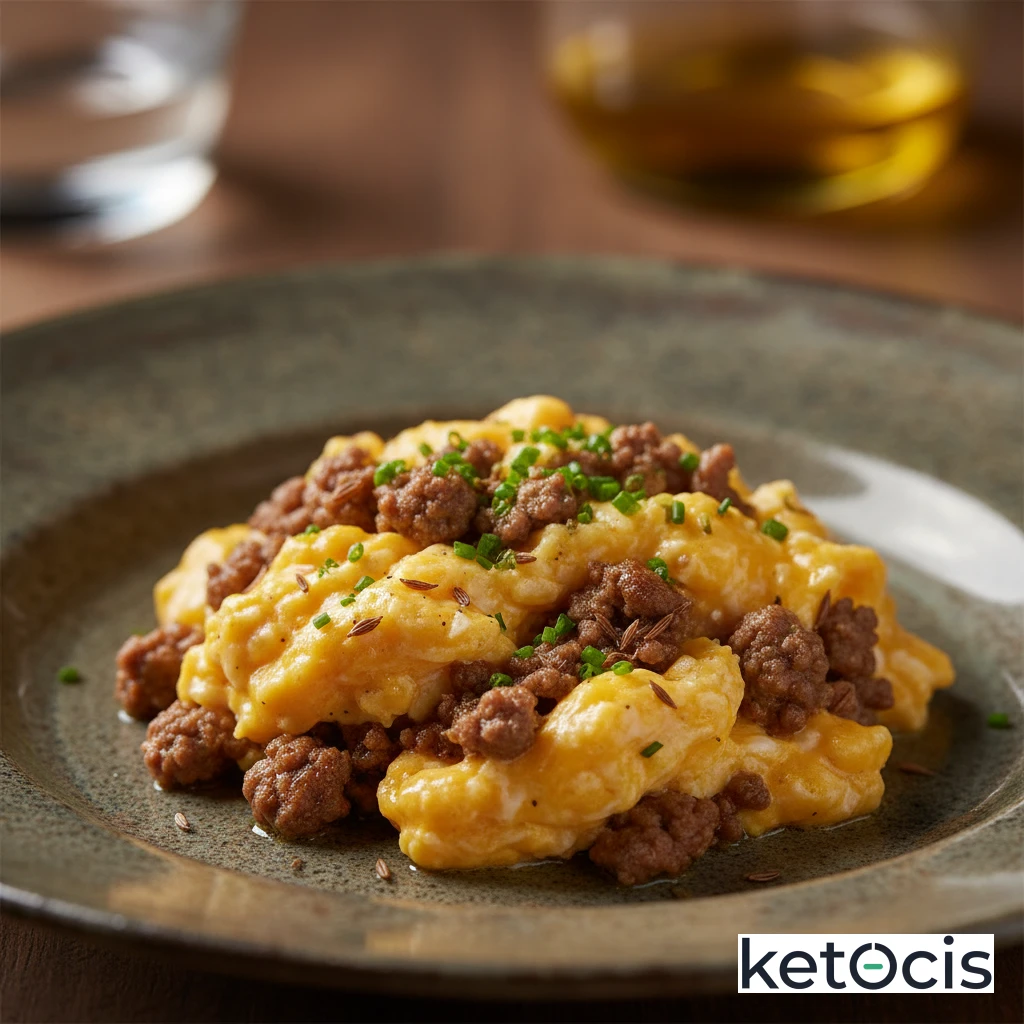 Huevos revueltos con carne picada de ternera y comino