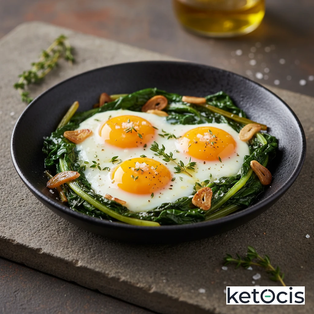 Cazuela de huevos con acelgas rehogadas y ajo