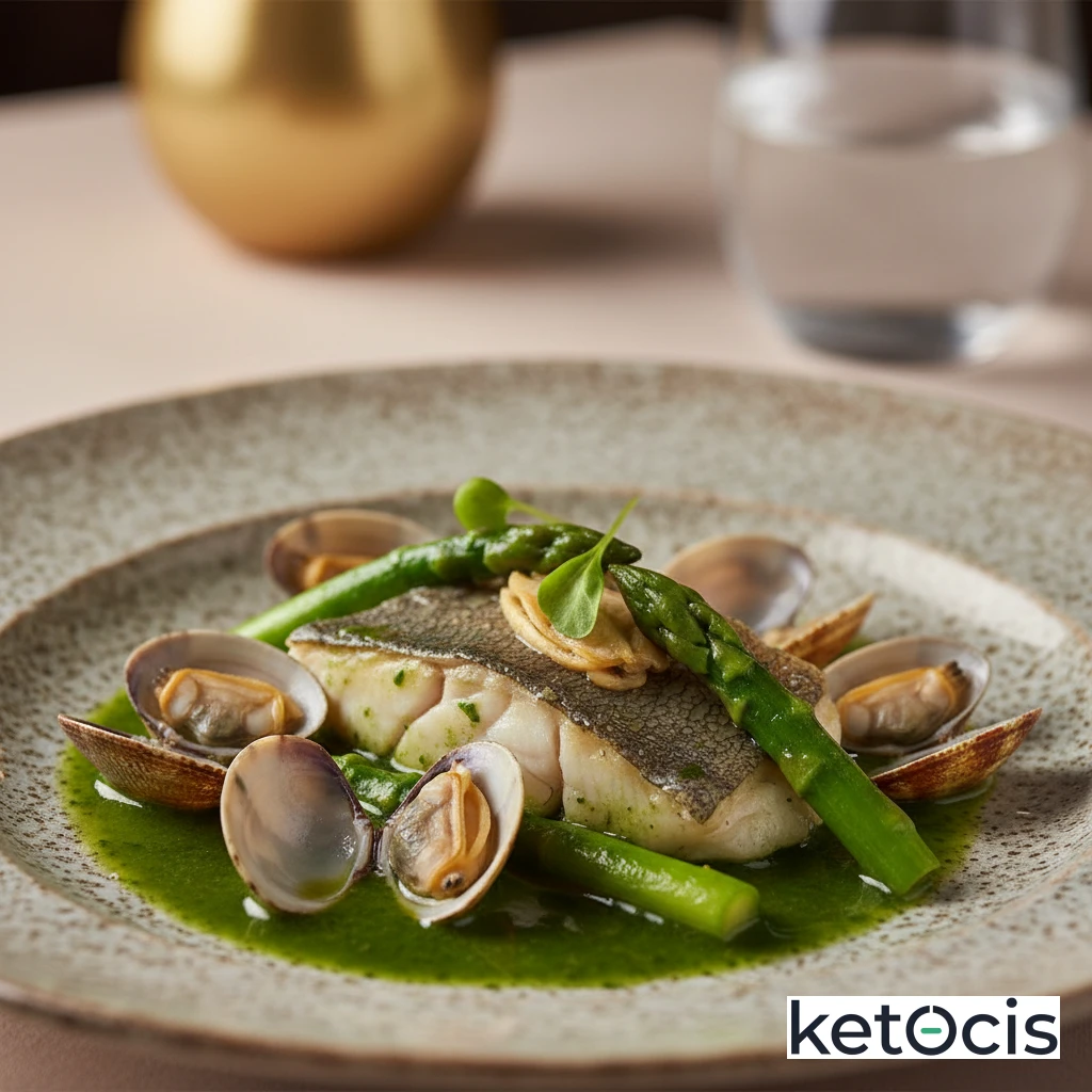 Merluza en salsa verde con almejas y espárragos