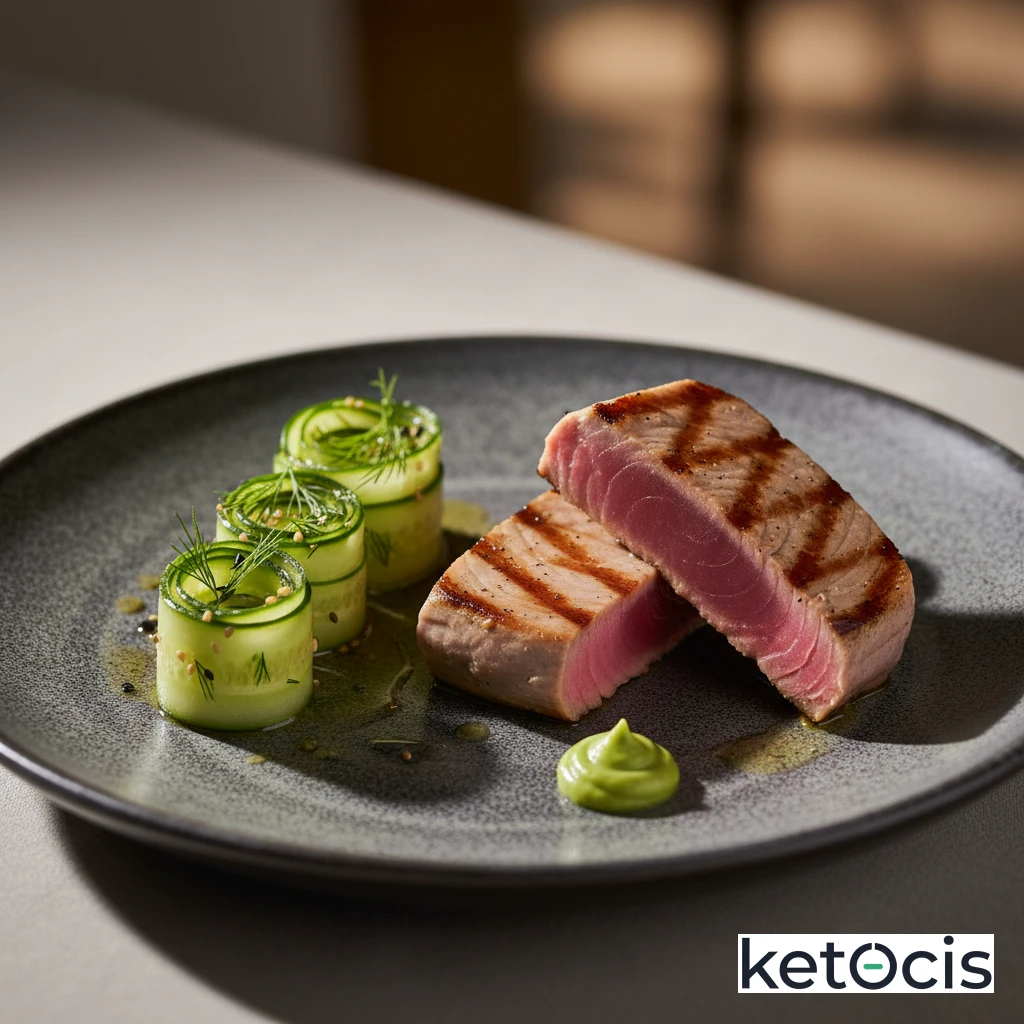 Atún a la plancha con guarnición de pepino aliñado
