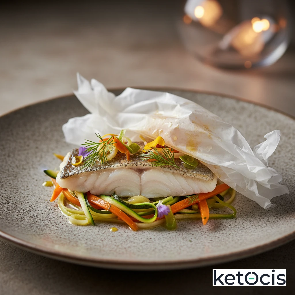 Corvina al papillote con verduras cortadas en juliana