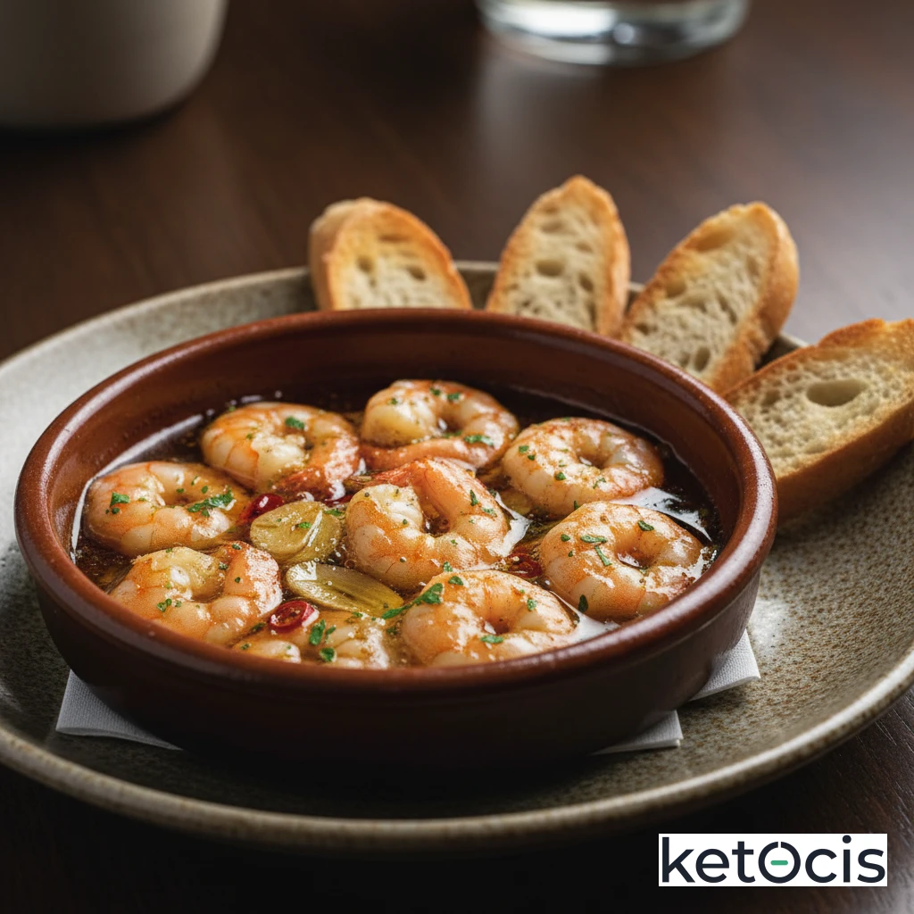 Gambas al ajillo cocinadas en cazuela de barro tradicional