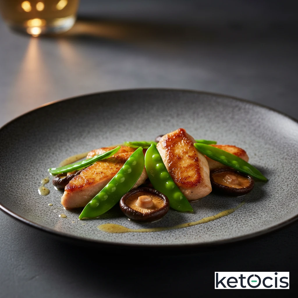 Pollo salteado con tirabeques y setas shiitake