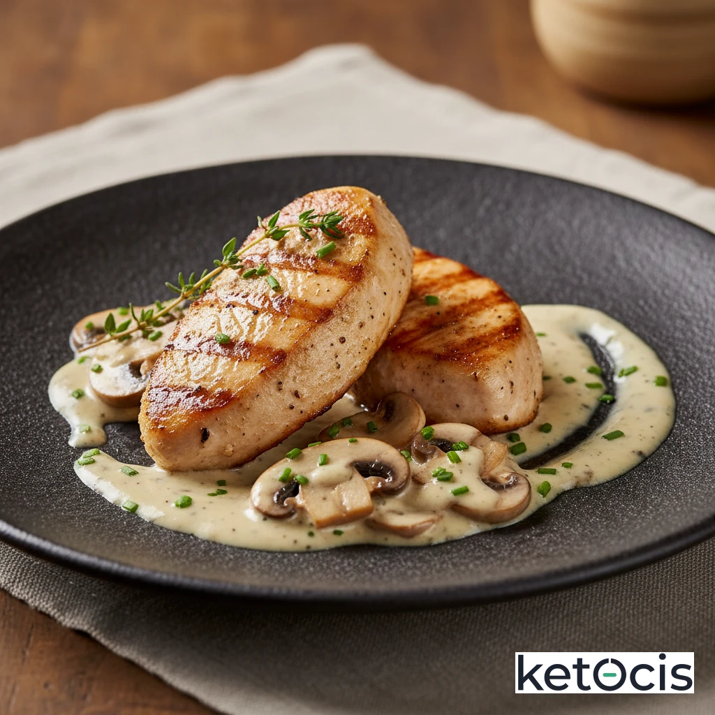 Filetes de pavo a la plancha con crema de champiñones