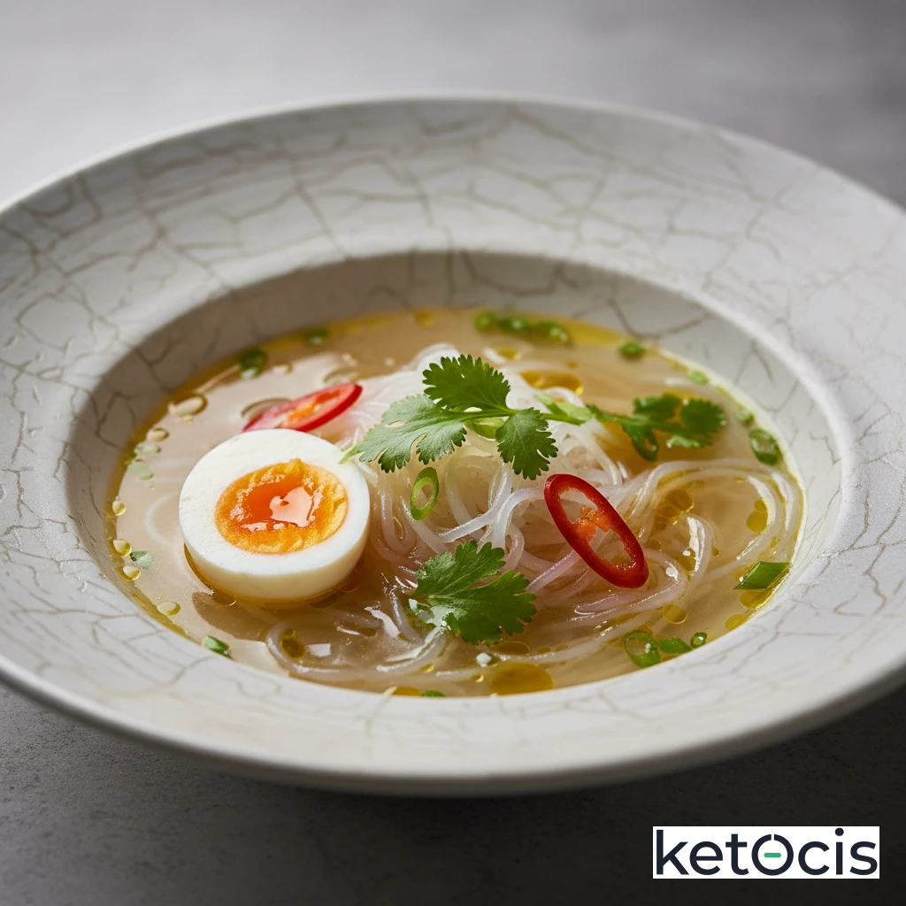 Sopa de pollo clara con fideos de konjac y huevo