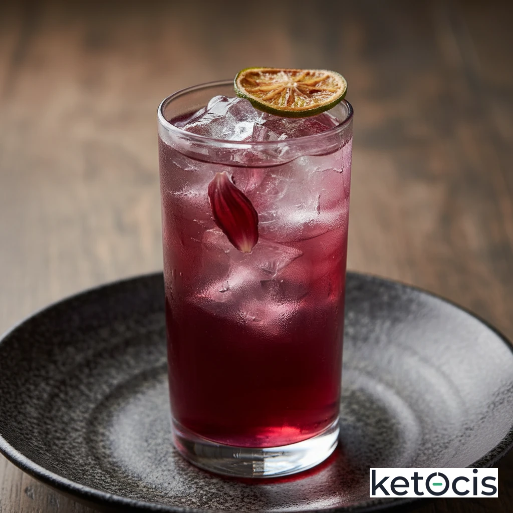 Agua de jamaica natural sin azúcar servida con hielo
