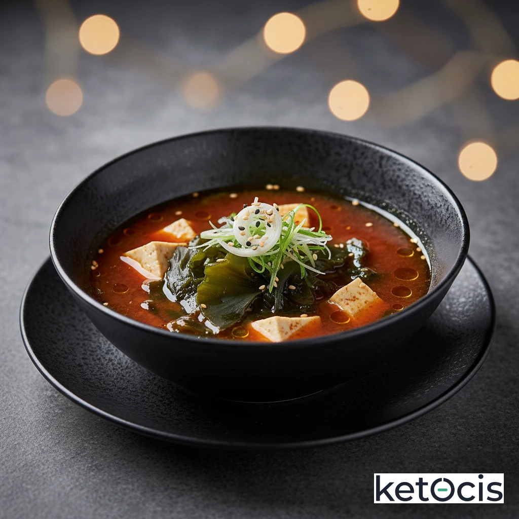 Sopa de miso rojo con algas kombu y dados de tofu