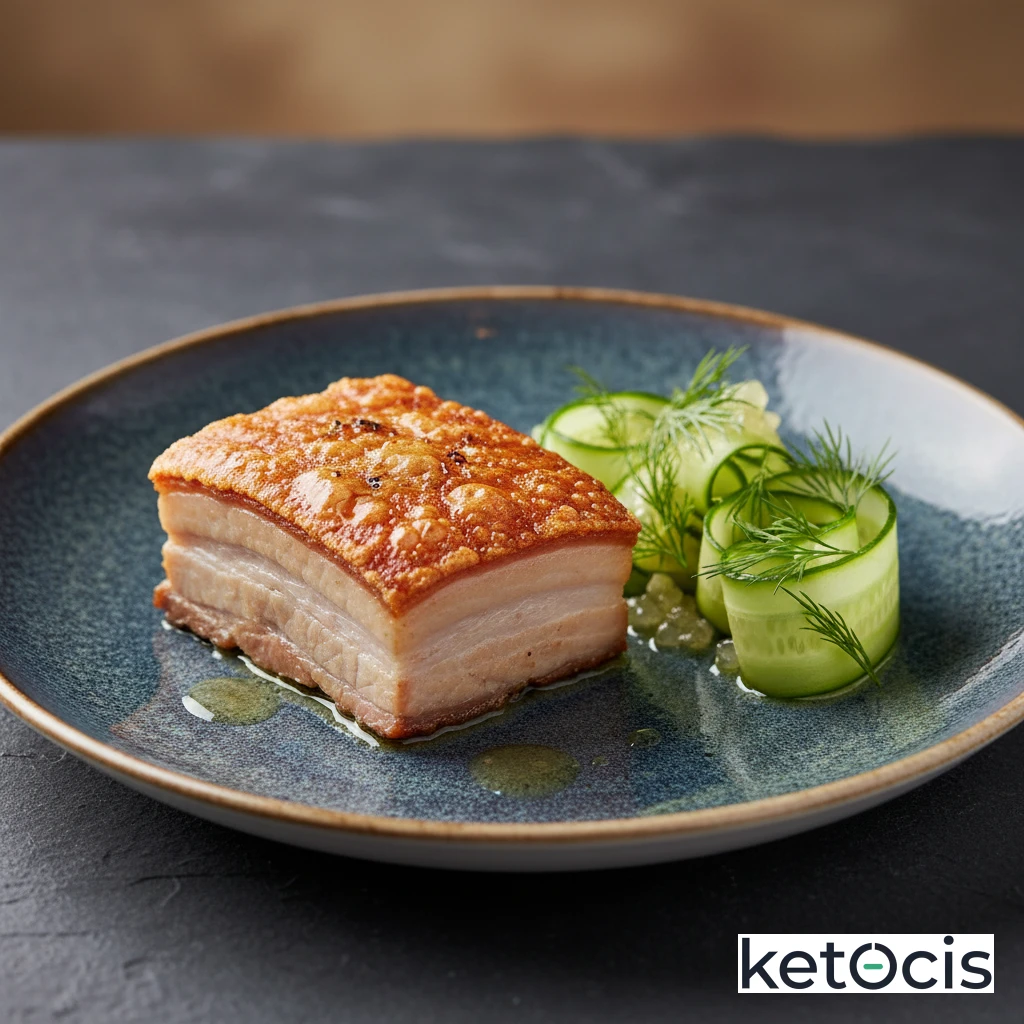 Panceta crujiente al horno con ensalada fresca de pepino