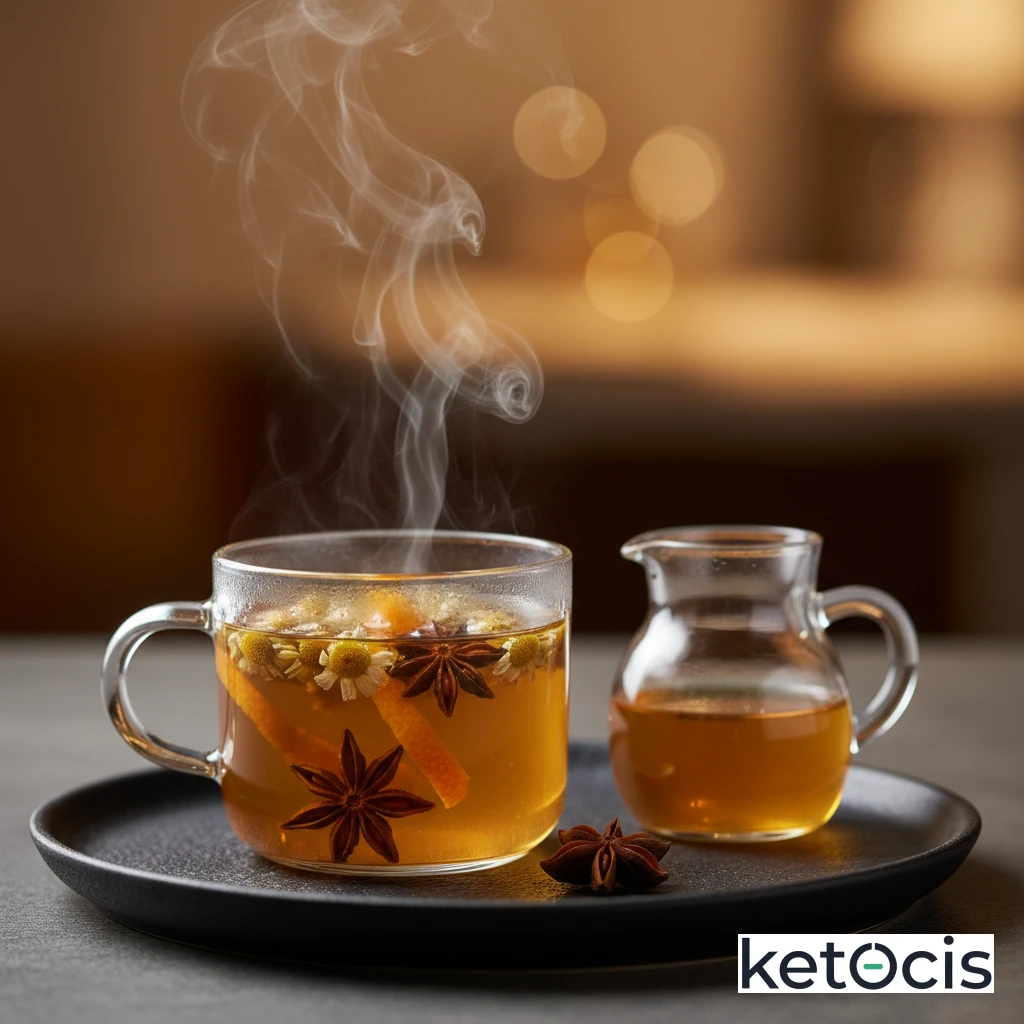Infusión caliente de manzanilla anís y cáscara de naranja