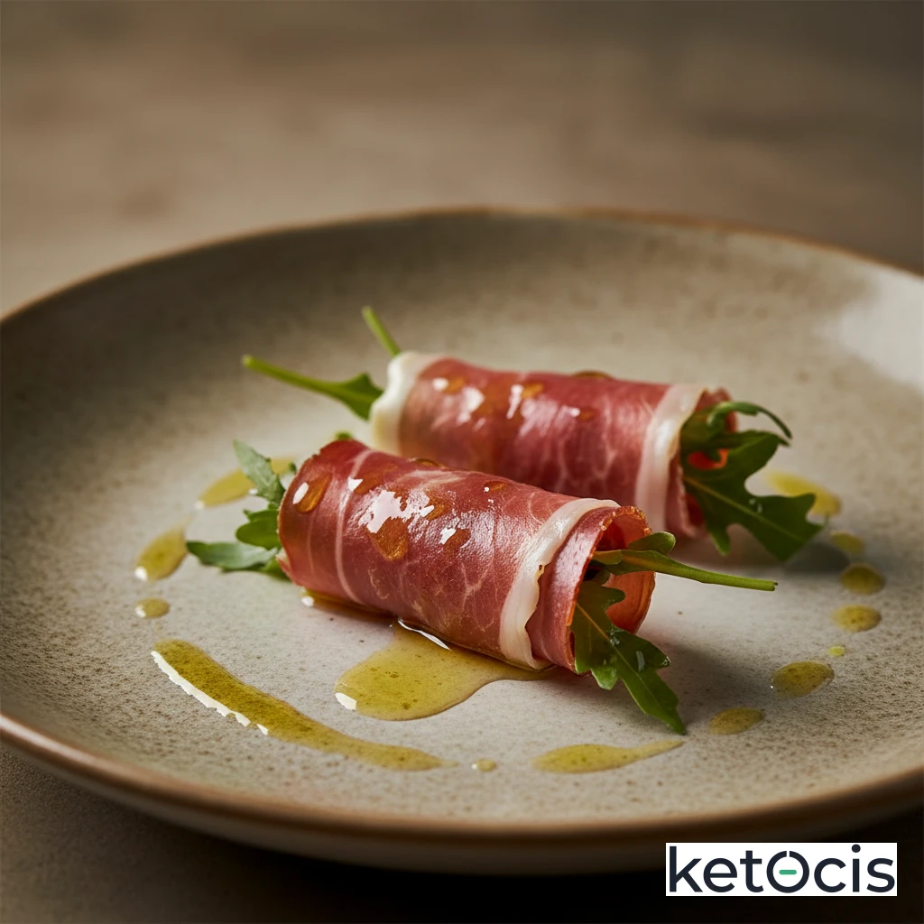 Rollitos de jamón serrano con hojas de rúcula y aceite
