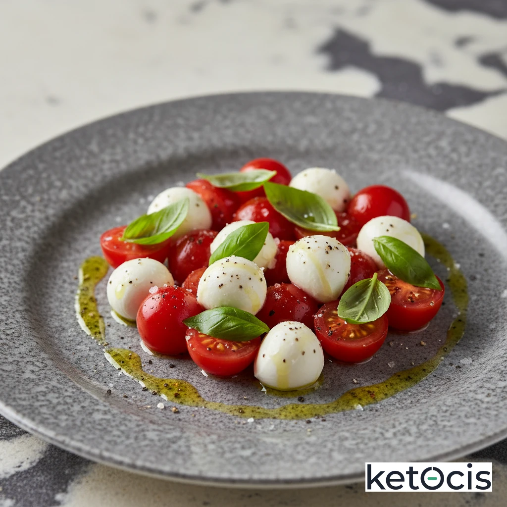 Ensalada caprese con tomates cherry y mini mozzarella