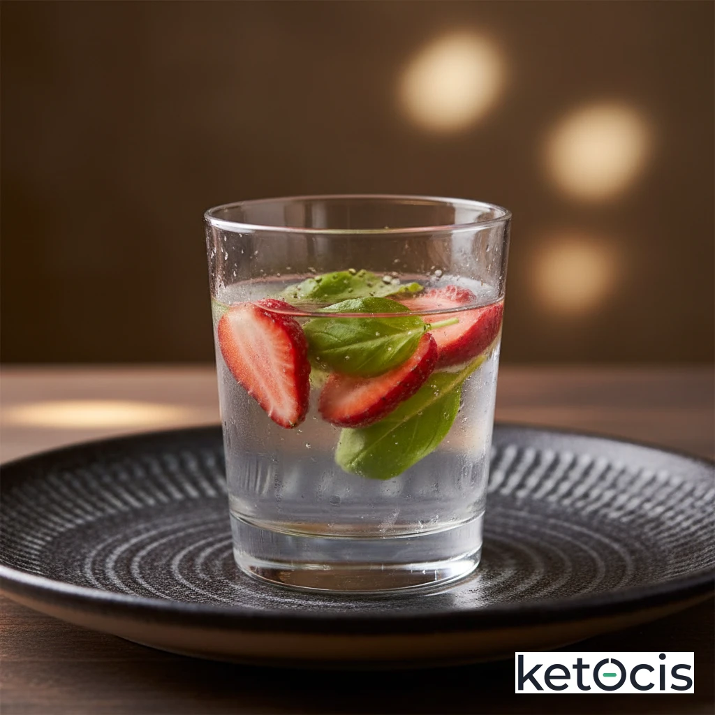 Agua infusionada con hojas de albahaca y fresas frescas