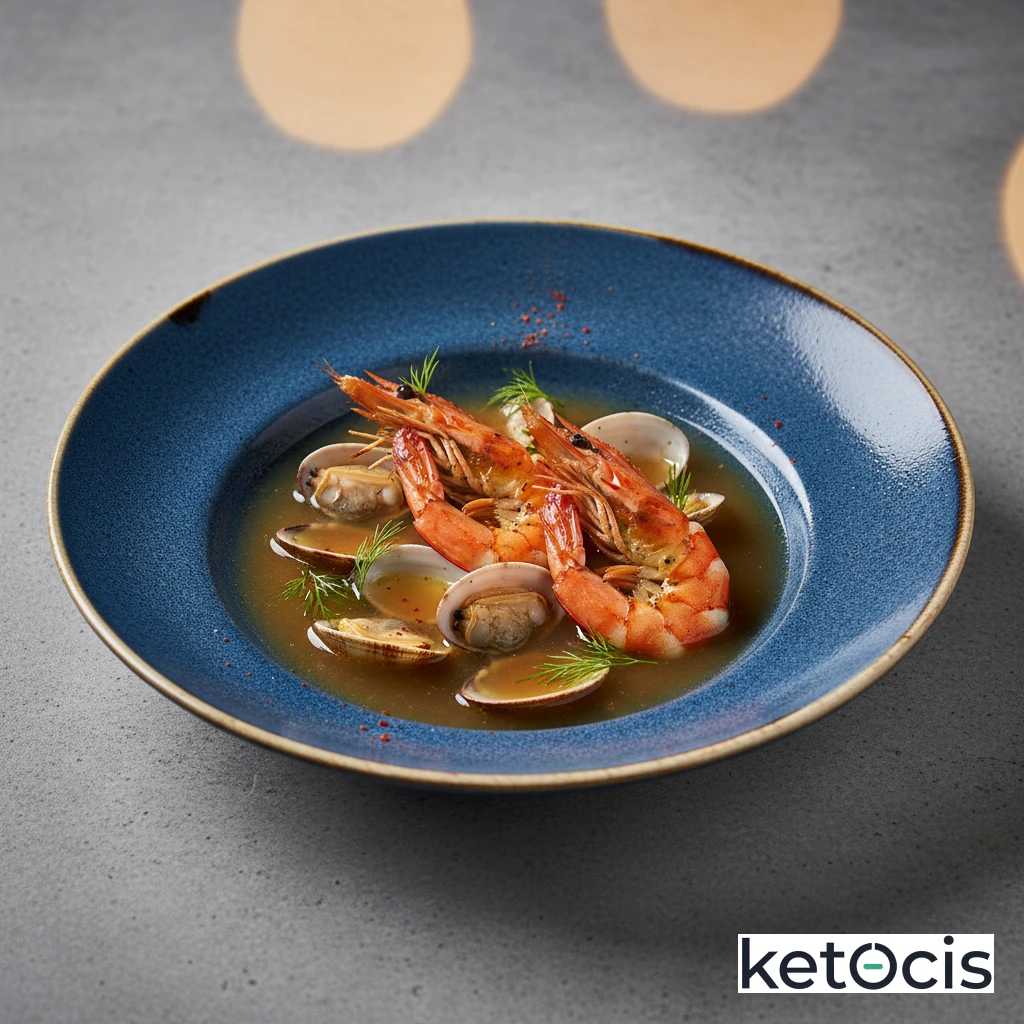 Sopa de mariscos clara con almejas y gambas frescas