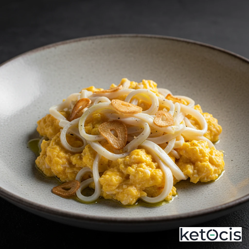 Revuelto de huevo con gulas falsas de surimi keto y ajo