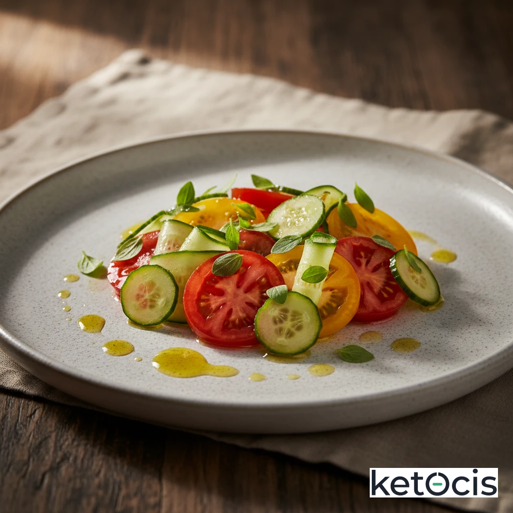Ensalada de tomate y pepino con orégano y aceite de oliva
