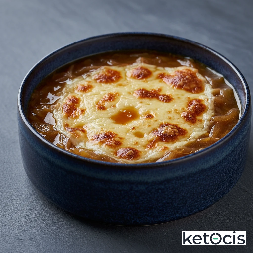 Sopa de cebolla francesa sin pan con queso gratinado