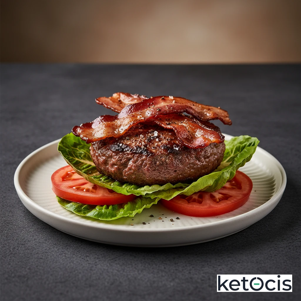 Hamburguesa de ternera sin pan con lechuga tomate y bacon