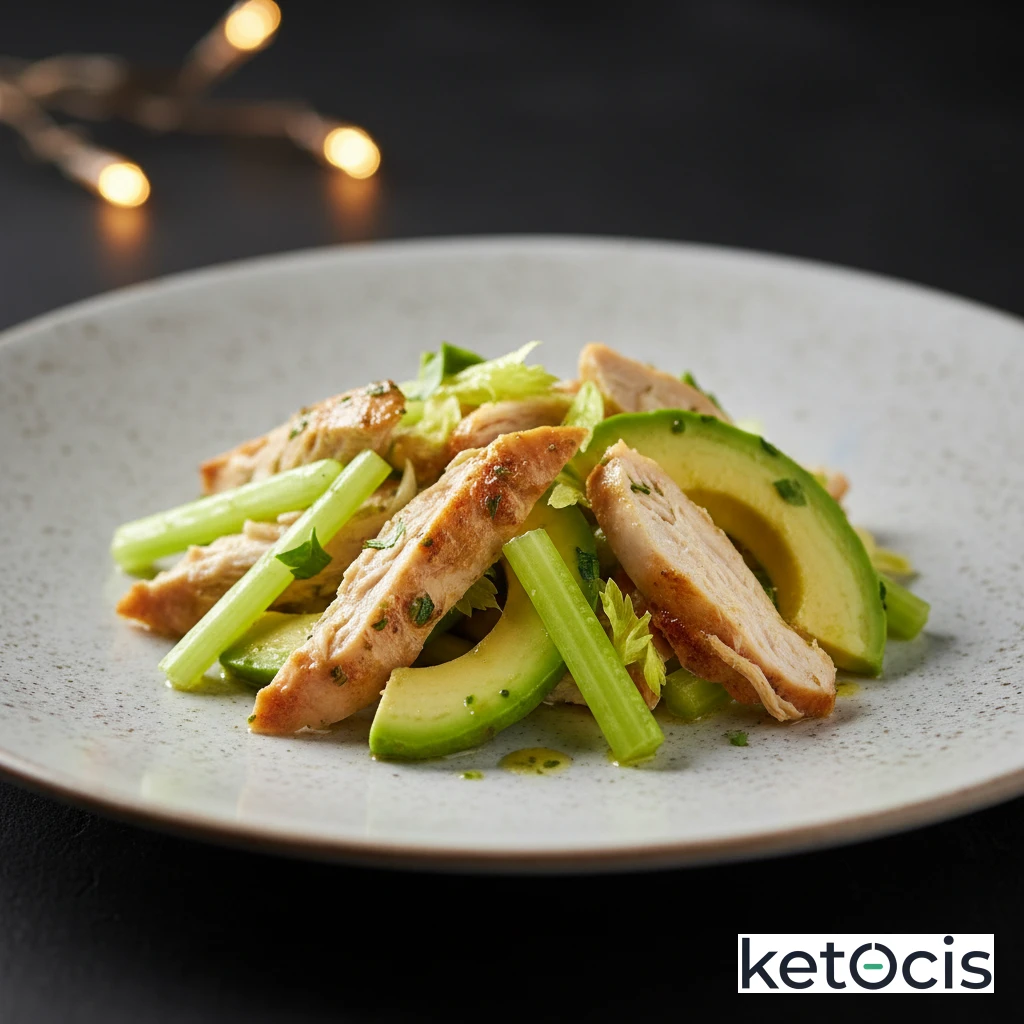 Pollo desmenuzado en ensalada con apio y aguacate natural